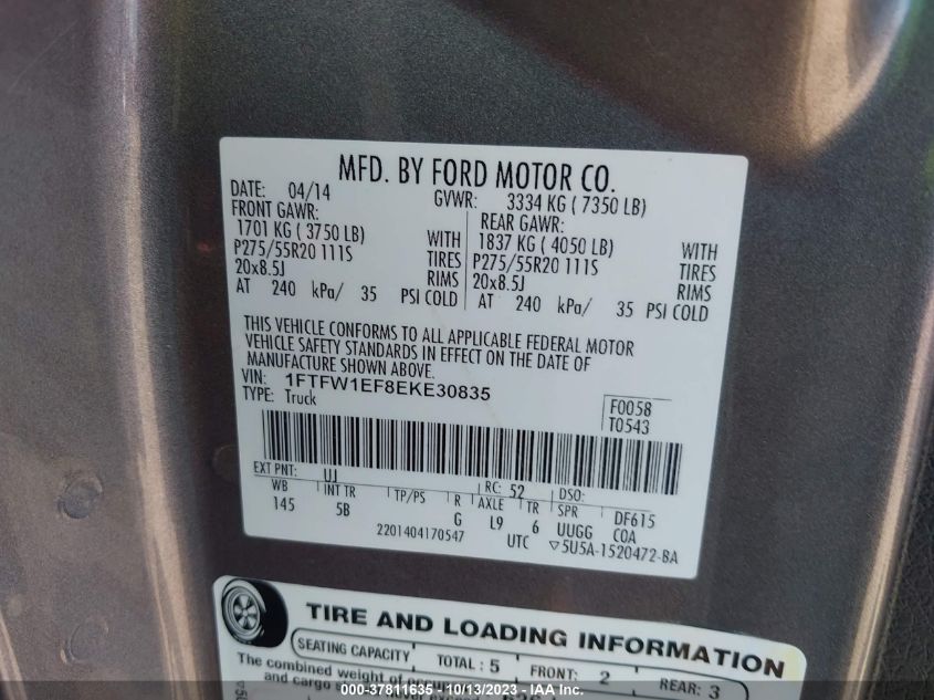 2014 FORD F-150 XL/XLT/STX/FX4/LARIAT - 1FTFW1EF8EKE30835