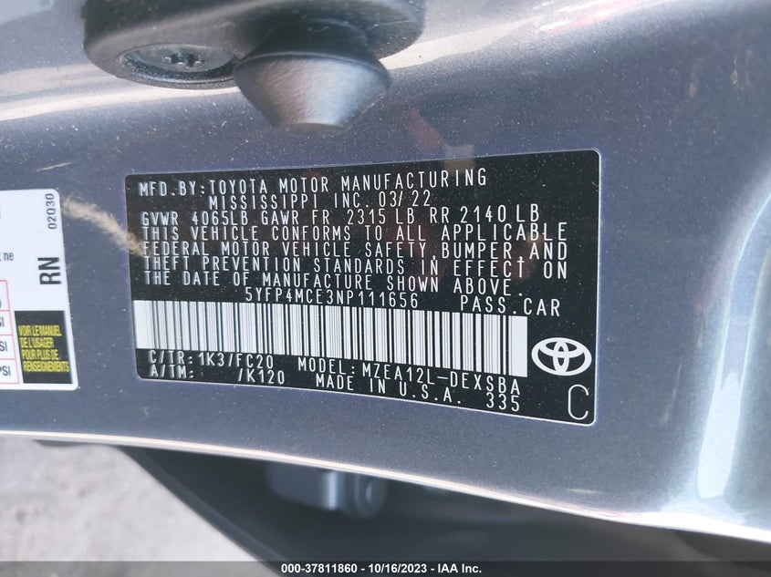 VIN 5YFP4MCE3NP111656 2022 TOYOTA COROLLA SE/SE NIGHTSHADE/APEX SE