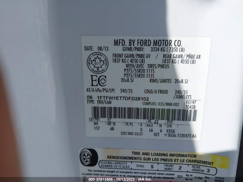 2013 FORD F-150 XL/XLT/FX4/LARIAT - 1FTFW1ET7DFD28102