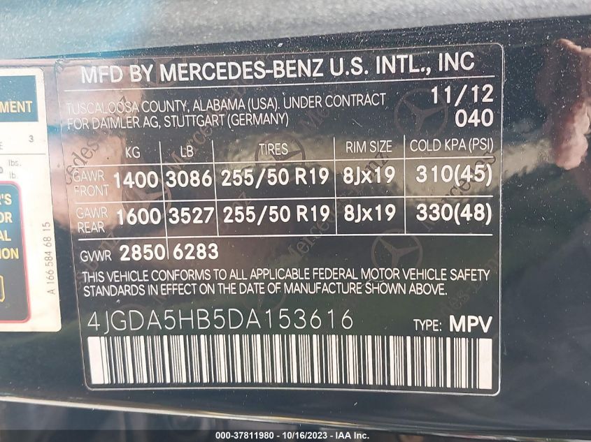 2013 MERCEDES-BENZ M-CLASS ML 350 4JGDA5HB5DA153616