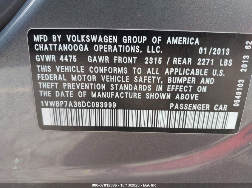 2013 VOLKSWAGEN PASSAT SE W/SUNROOF - 1VWBP7A36DC093999