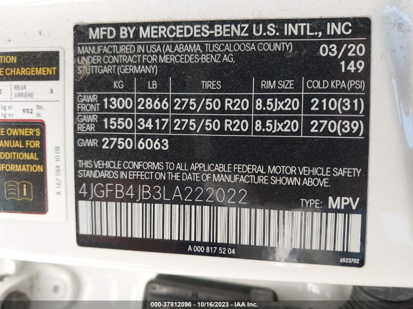 2020 MERCEDES-BENZ GLE GLE 350 4JGFB4JB3LA222022
