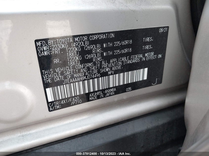 VIN JTEAAAAH6MJ074496 2021 TOYOTA VENZA LE/XLE/LIMITED