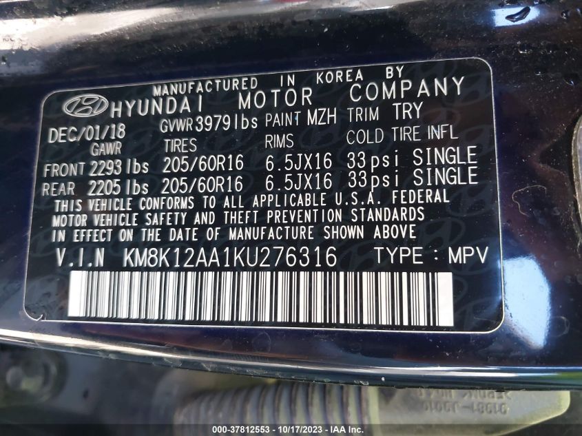 VIN KM8K12AA1KU276316 2019 HYUNDAI KONA no.9