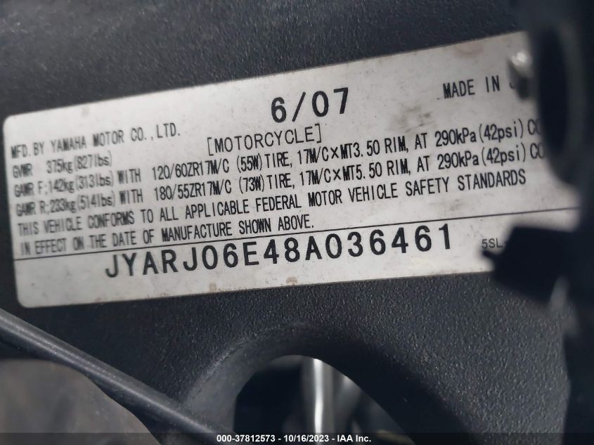 2008 YAMAHA YZFR6 S - JYARJ06E48A036461
