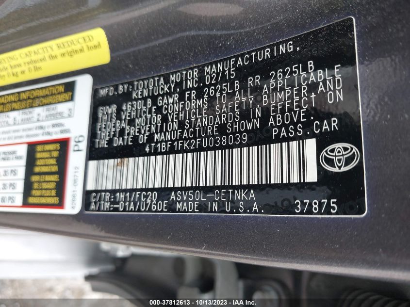 2015 TOYOTA CAMRY XLE/SE/LE/XSE - 4T1BF1FK2FU038039