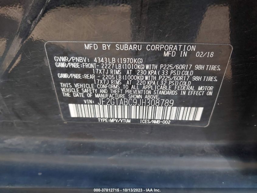 2018 SUBARU CROSSTREK PREMIUM - JF2GTABC9JH308789