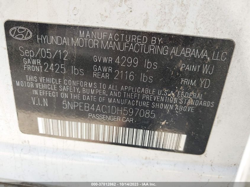 2013 HYUNDAI SONATA GLS PZEV - 5NPEB4AC1DH597085