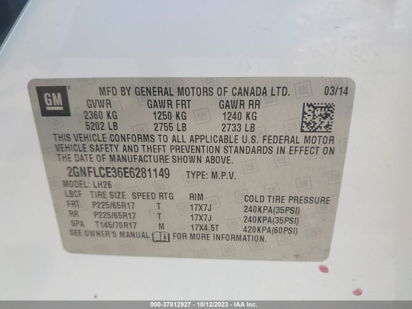 2014 CHEVROLET EQUINOX LT - 2GNFLCE36E6281149