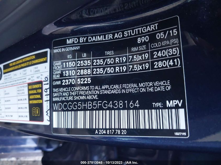 2015 MERCEDES-BENZ GLK 350 WDCGG5HB5FG438164