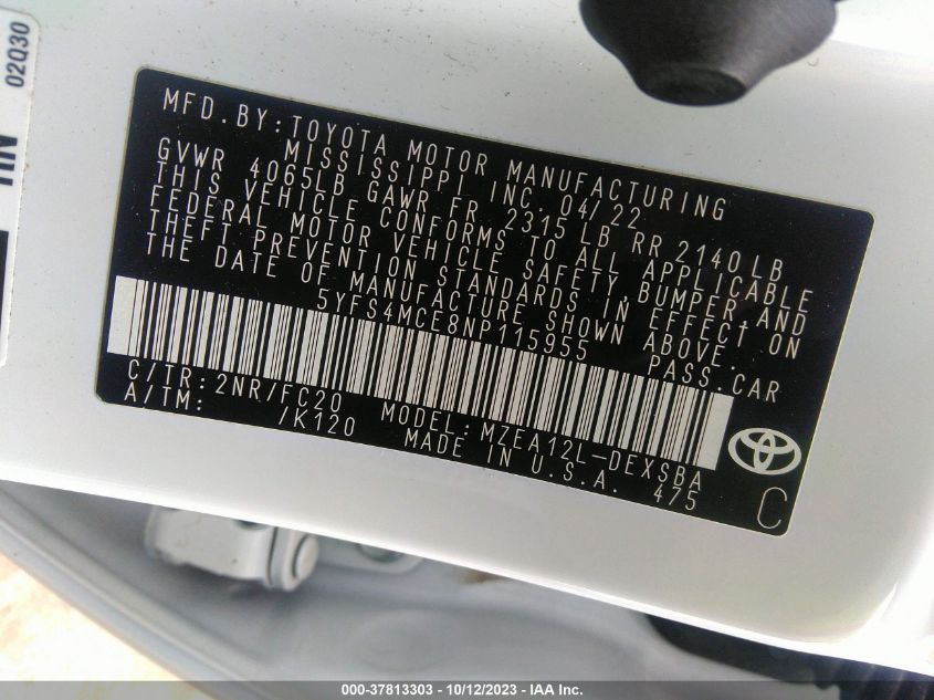 2022 TOYOTA COROLLA SE - 5YFS4MCE8NP115955