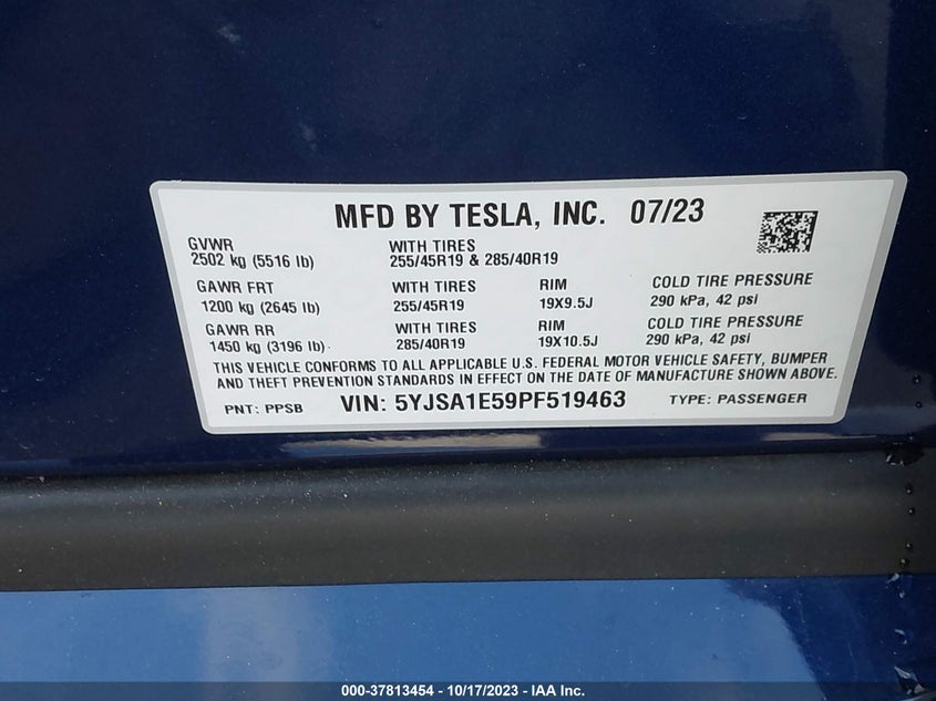 VIN 5YJSA1E59PF519463 2023 TESLA MODEL S