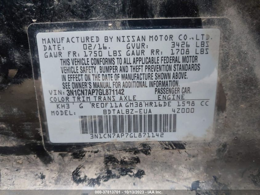 2016 NISSAN VERSA SV - 3N1CN7AP7GL871142