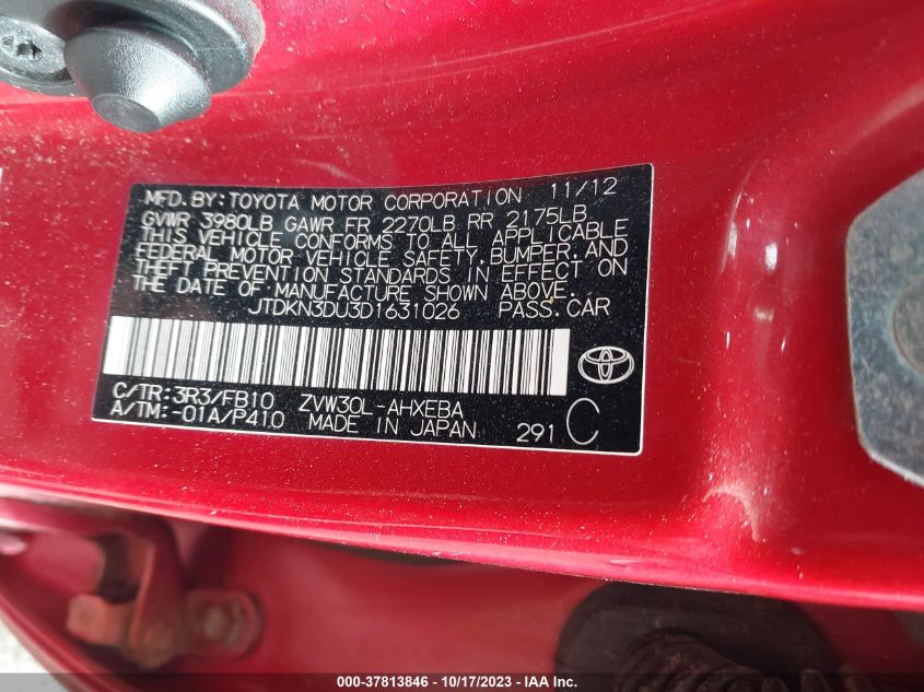 2013 TOYOTA PRIUS ONE/TWO/THREE/FOUR/FIVE - JTDKN3DU3D1631026