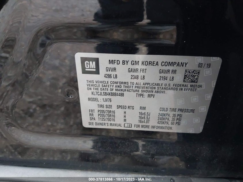 VIN KL7CJLSB4KB884488 2019 CHEVROLET TRAX 1LT