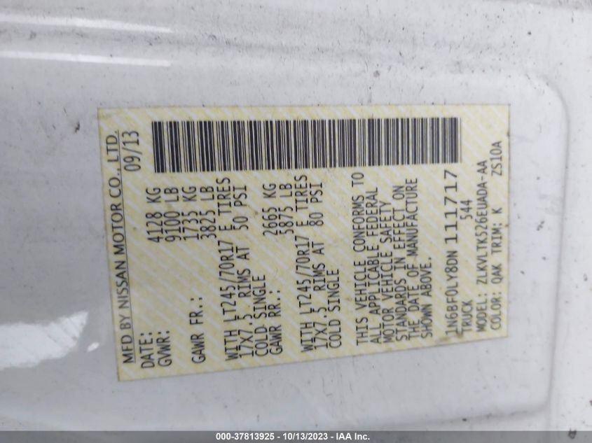 2013 NISSAN NV 2500 - 1N6BF0LY8DN111717