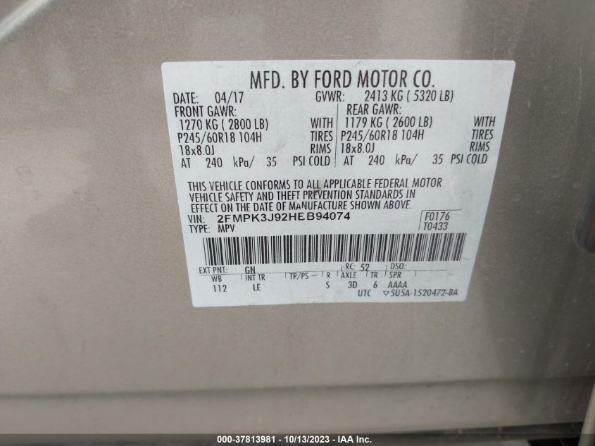 2FMPK3J92HBB94074 2017 FORD EDGE, photo no. 9