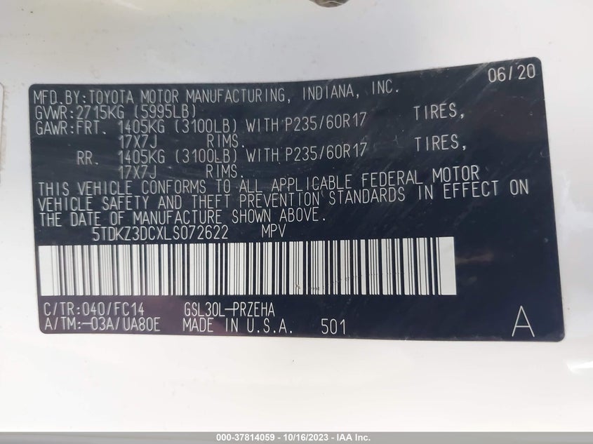 VIN 5TDKZ3DCXLS072622 2020 TOYOTA SIENNA LE