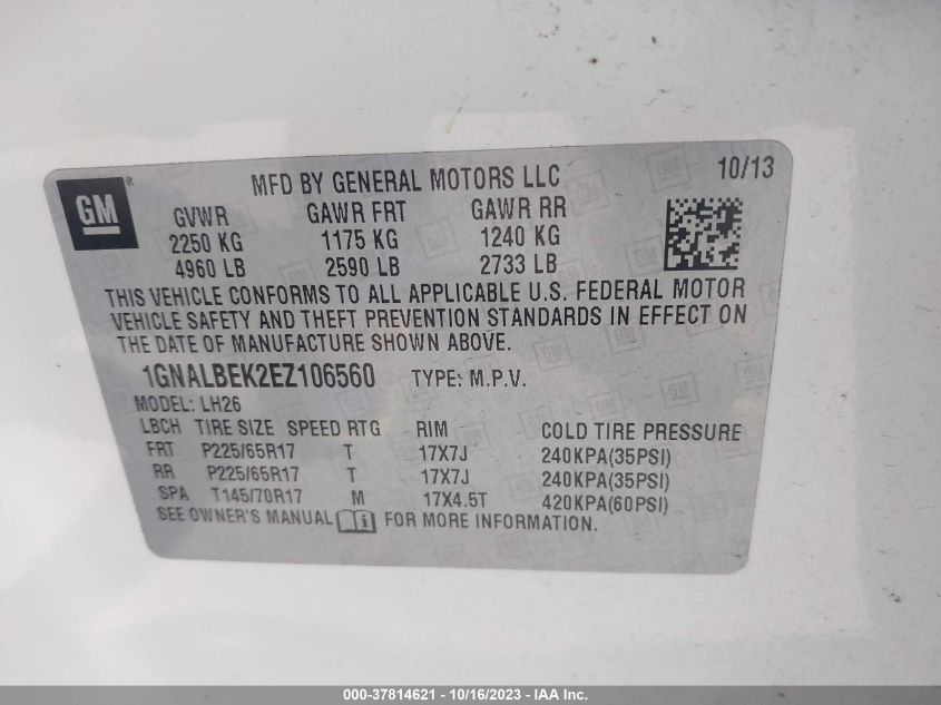 2014 CHEVROLET EQUINOX LT - 1GNALBEK2EZ106560
