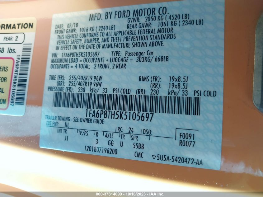 2019 FORD MUSTANG - 1FA6P8TH5K5105697