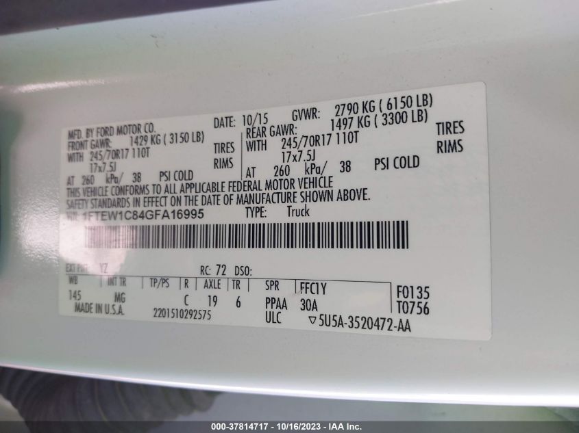 2016 FORD F-150 XLT/XL - 1FTEW1C84GFA16995