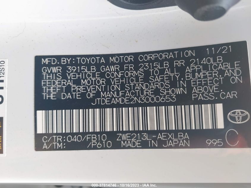 2022 TOYOTA COROLLA HYBRID LE - JTDEAMDE2N3000653