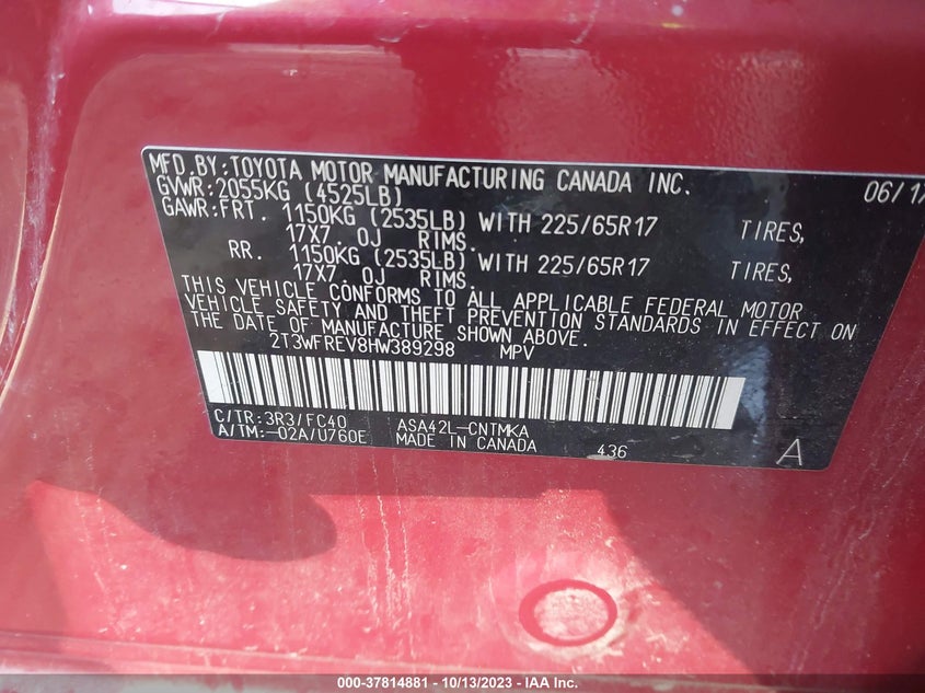 VIN 2T3WFREV8HW389298 2017 TOYOTA RAV4 XLE