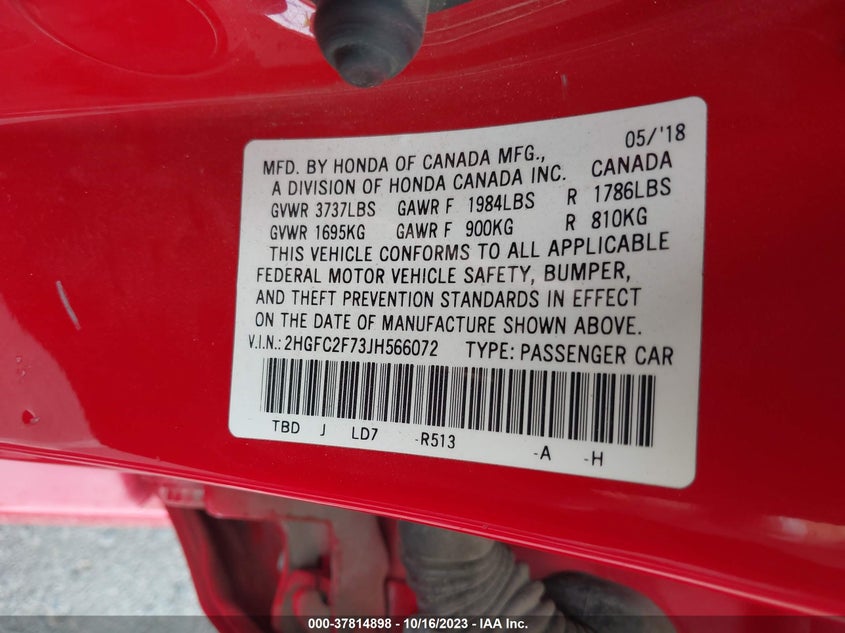 VIN 2HGFC2F73JH566072 2018 HONDA CIVIC SEDAN EX