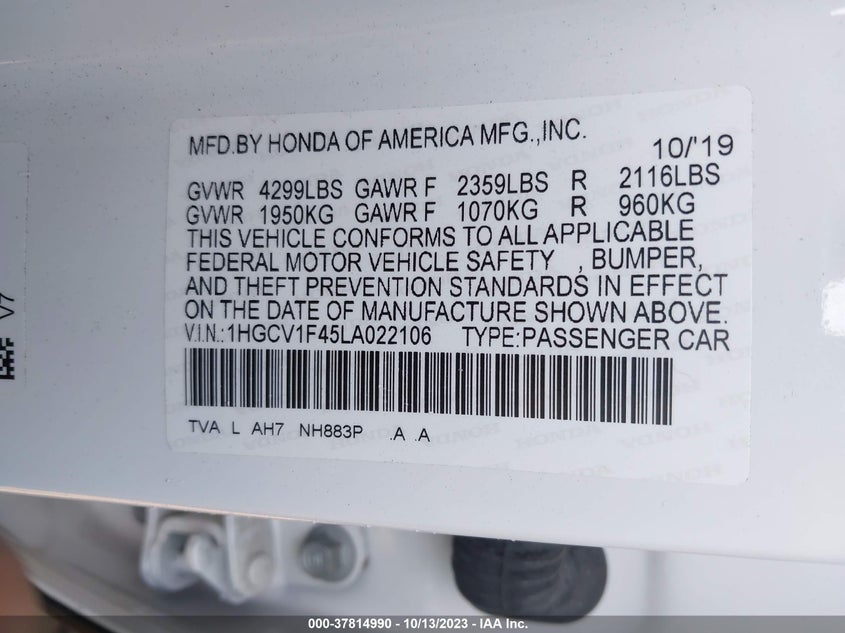 VIN 1HGCV1F45LA022106 2020 HONDA ACCORD SEDAN EX