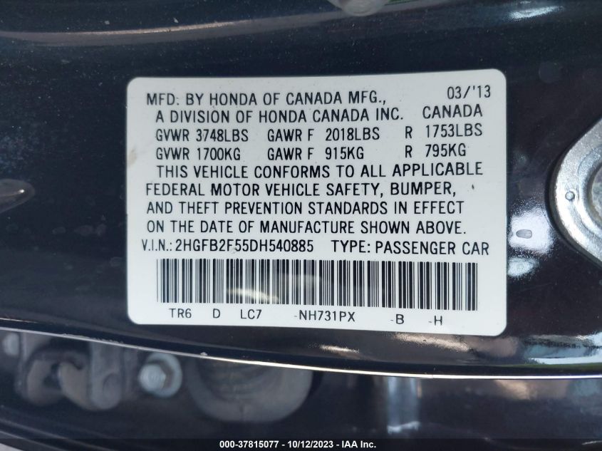 2013 HONDA CIVIC SDN LX - 2HGFB2F55DH540885