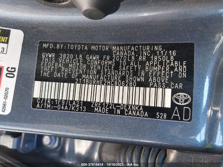 2017 TOYOTA COROLLA L/LE/XLE/SE - 2T1BURHE2HC806280