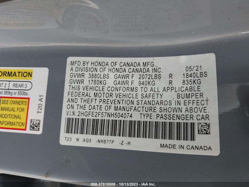 2022 HONDA CIVIC SEDAN SPORT - 2HGFE2F57NH504074
