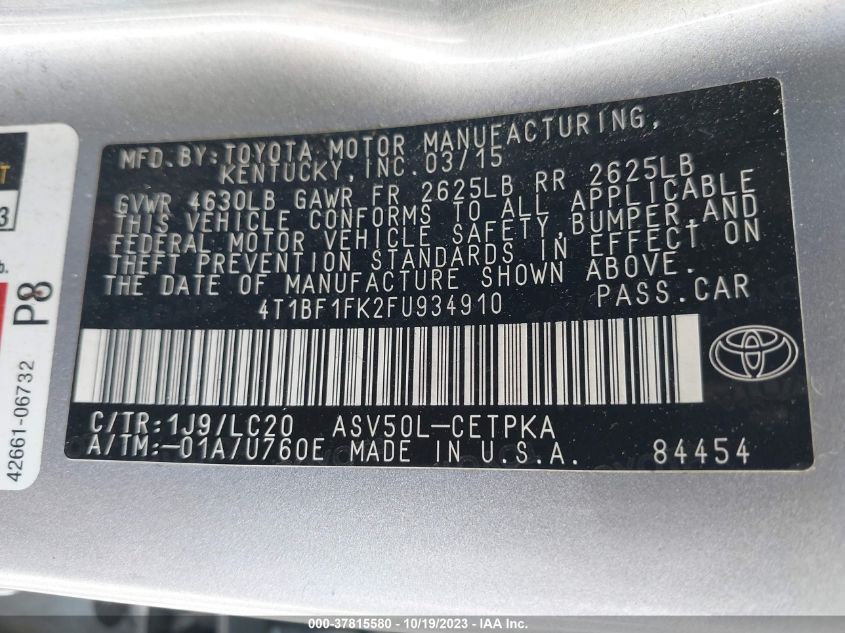 2015 TOYOTA CAMRY XLE/SE/LE/XSE - 4T1BF1FK2FU934910