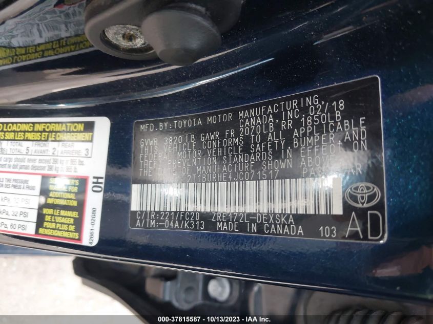 2018 TOYOTA COROLLA L/LE/XLE/SE/XSE - 2T1BURHE4JC071517