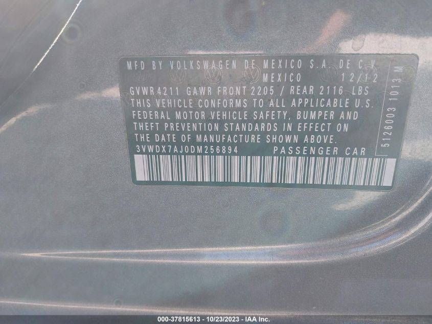 2013 VOLKSWAGEN JETTA SEDAN SE W/CONVENIENCE 3VWDX7AJ0DM256894