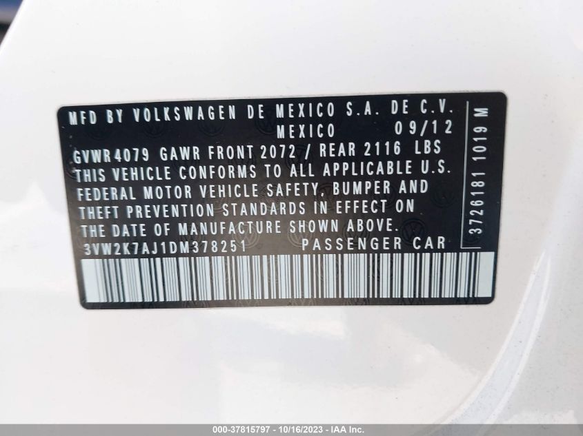 2013 VOLKSWAGEN JETTA SEDAN S 3VW2K7AJ1DM378251