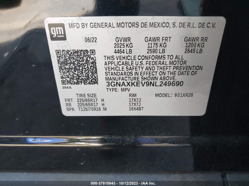 2022 CHEVROLET EQUINOX LT - 3GNAXKEV9NL249690