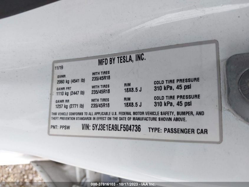 2020 TESLA MODEL 3 - 5YJ3E1EA9LF504736