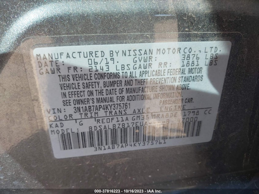 VIN 3N1AB7AP4KY375761 2019 NISSAN SENTRA S/SV/SR/SL
