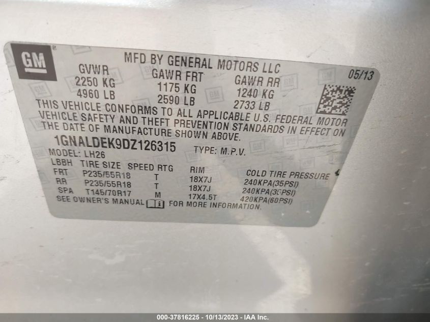 2013 CHEVROLET EQUINOX LT - 1GNALDEK9DZ126315