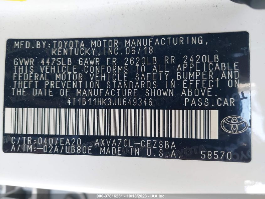 2018 TOYOTA CAMRY L/LE/XLE/SE/XSE - 4T1B11HK3JU649346