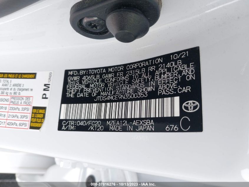 2022 TOYOTA COROLLA SE/SE NIGHTSHADE/APEX SE - JTDS4MCE9N3500353