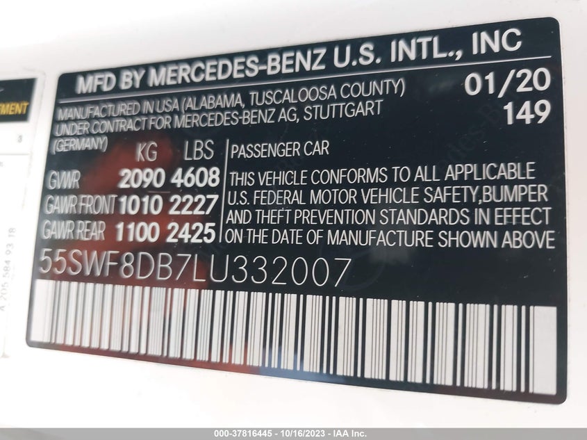 VIN 55SWF8DB7LU332007 2020 MERCEDES-BENZ C-CLASS C 300