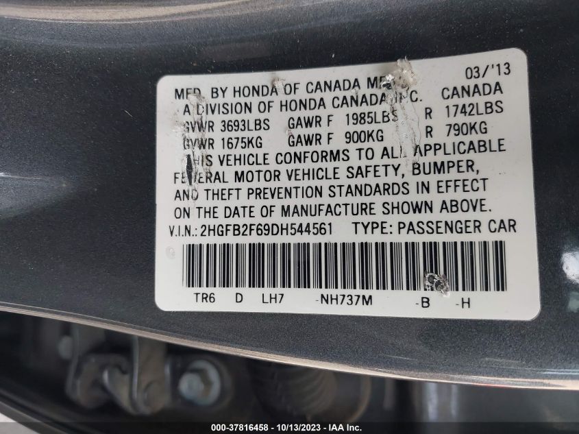 2013 HONDA CIVIC SDN HF 2HGFB2F69DH544561