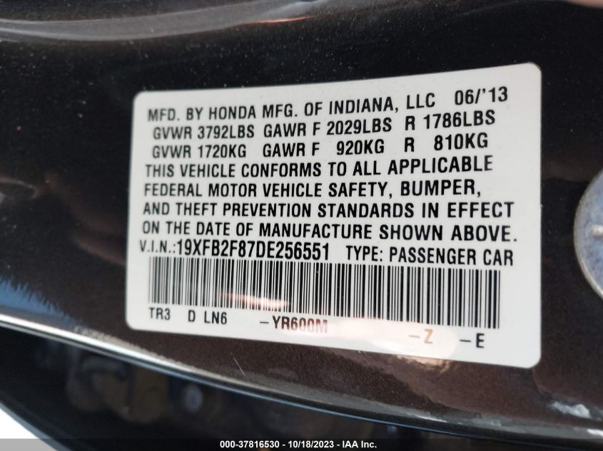 2013 HONDA CIVIC SDN EX 19XFB2F87DE256551