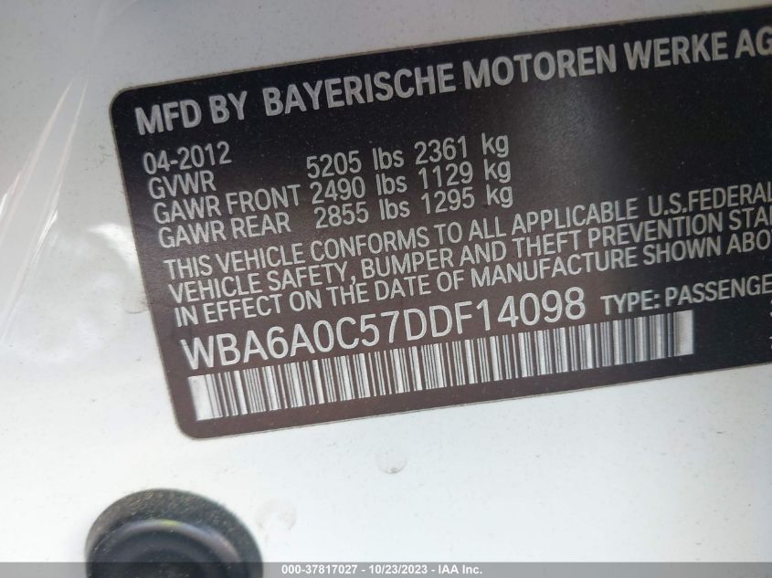 2013 BMW 6 SERIES 640I WBA6A0C57DDF14098