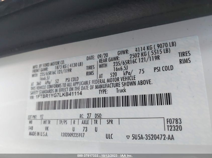2020 FORD TRANSIT CARGO VAN 1FTBR1YG7LKB41114