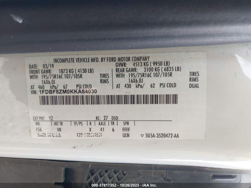 2019 FORD TRANSIT CHASSIS - 1FDBF8ZM0KKA84030