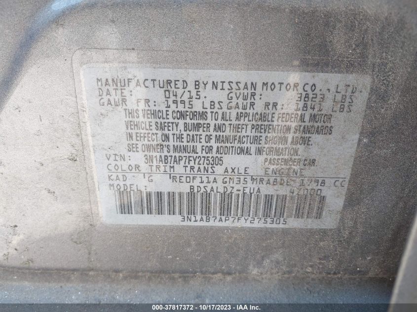 2015 NISSAN SENTRA SR/SL/S/SV/FE+ S - 3N1AB7AP7FY275305