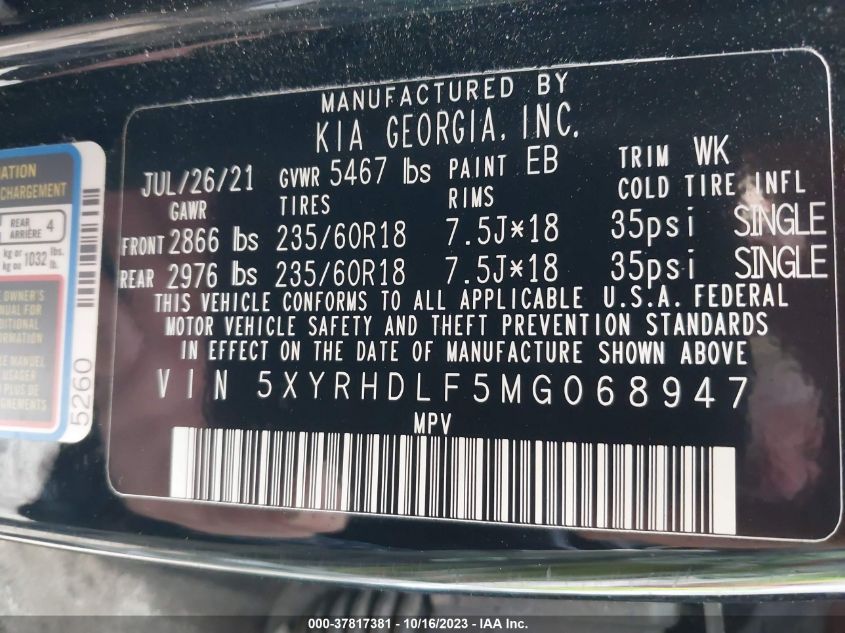 2021 KIA SORENTO EX - 5XYRHDLF5MG068947